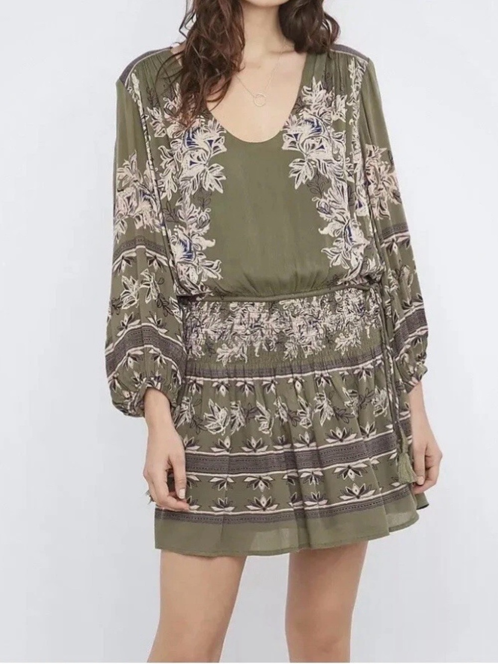Free People Moonlight Drive Green Pink Floral Mini Dress S Smocked Boho Comfy